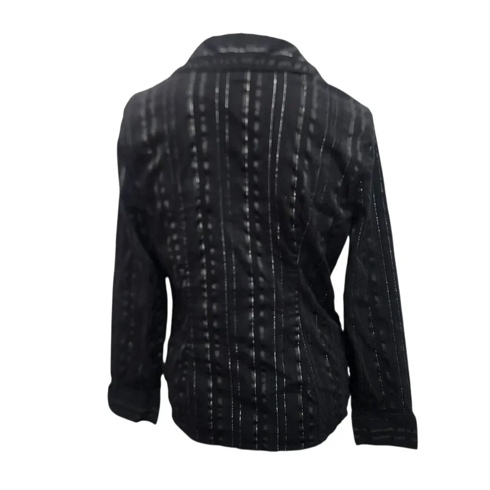 No Boundaries Black Metallic Stripe Blouse Juniors L Button‎ Front Stretch